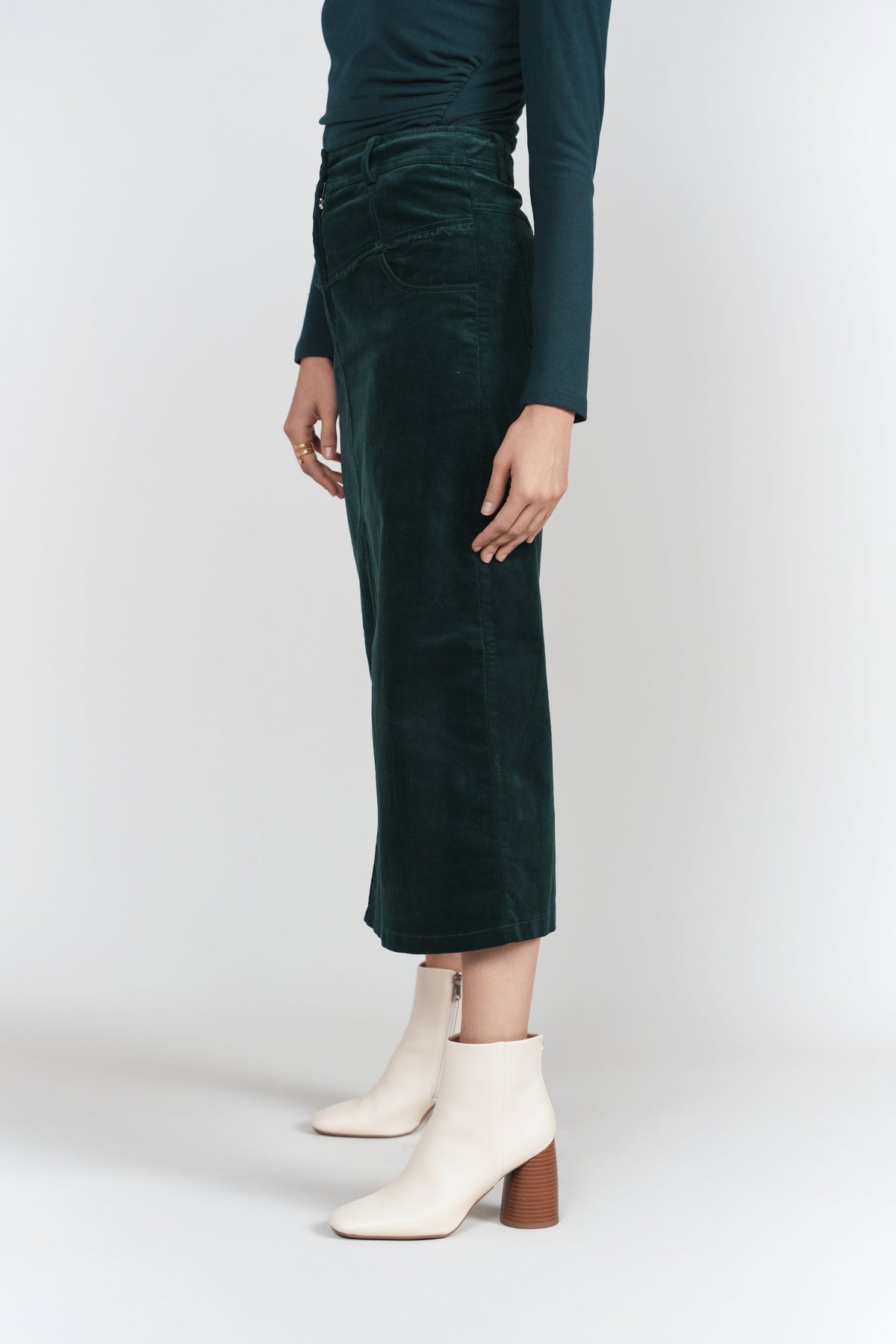 Fray Detail Corduroy Skirt- Emerald