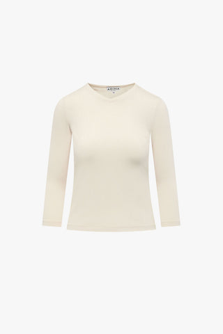 3-4 Sleeve Ribbed V Neck Tee- Beige