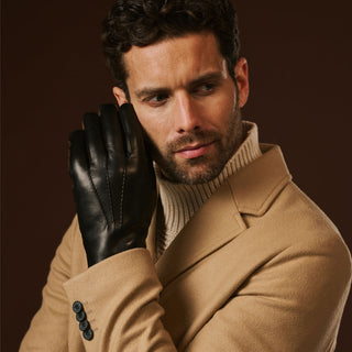 Aldo (black) - Italian lambskin leather gloves with lambswool lining & touchscreen feature - Glamourous Grace