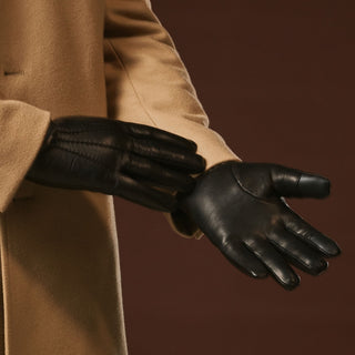 Aldo (black) - Italian lambskin leather gloves with lambswool lining & touchscreen feature - Glamourous Grace