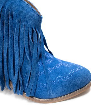 Amos Fringe Ankle Bootie in Blue Suede - Glamourous Grace