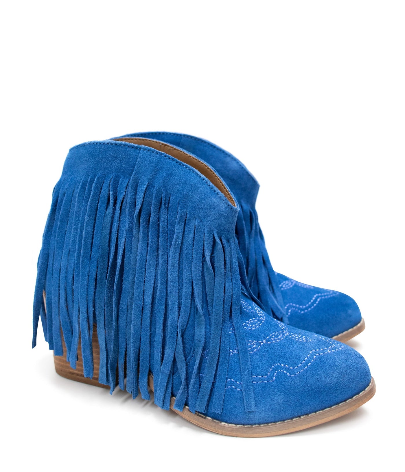 Amos Fringe Ankle Bootie in Blue Suede - Glamourous Grace