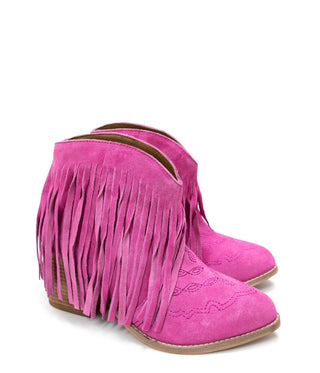 Amos Fringe Ankle Bootie in Magenta Suede - Glamourous Grace