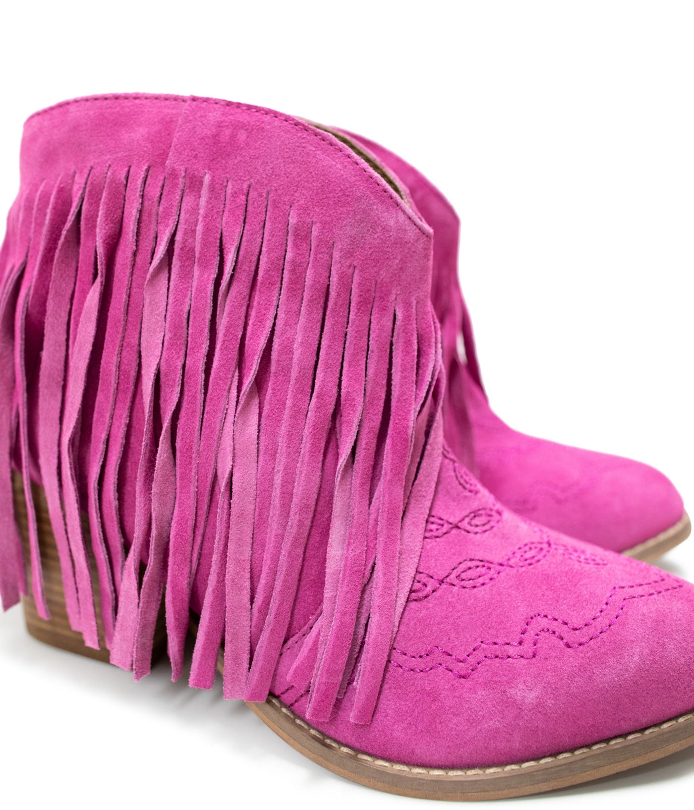 Amos Fringe Ankle Bootie in Magenta Suede - Glamourous Grace