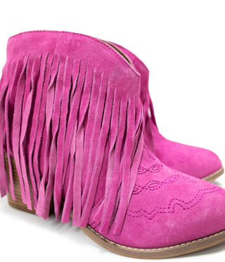 Amos Fringe Ankle Bootie in Magenta Suede - Glamourous Grace