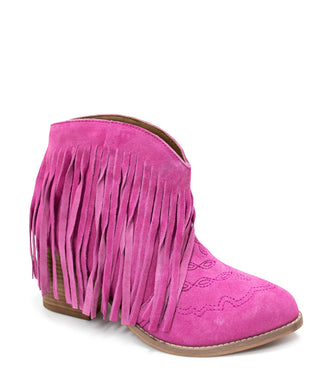 Amos Fringe Ankle Bootie in Magenta Suede - Glamourous Grace