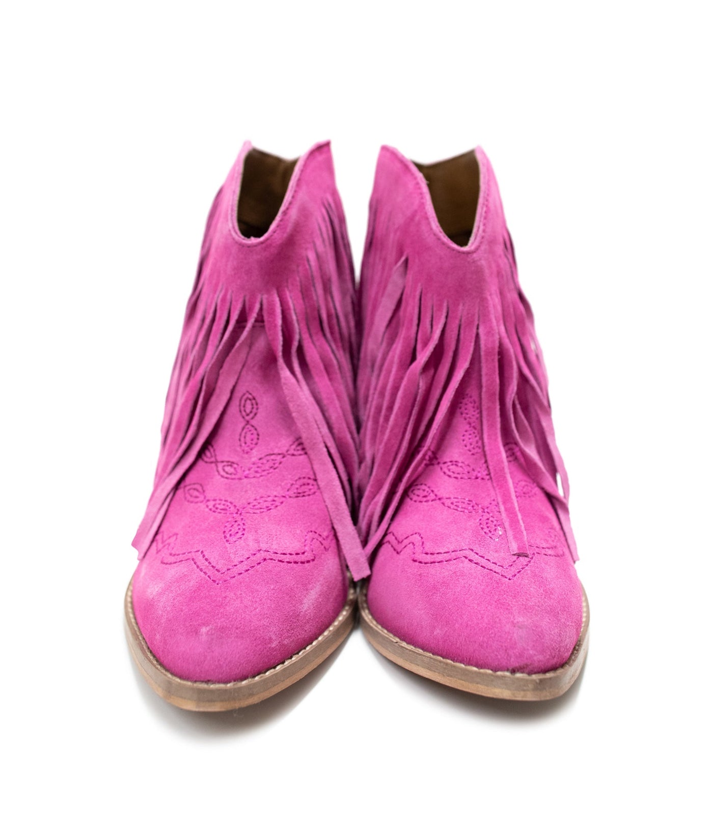 Amos Fringe Ankle Bootie in Magenta Suede - Glamourous Grace