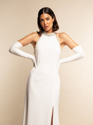 Angelina (white) - Italian silk lined 16-button length leather bridal / opera gloves - Glamourous Grace