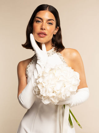 Angelina (white) - Italian silk lined 12-button length leather bridal / opera gloves - Glamourous Grace