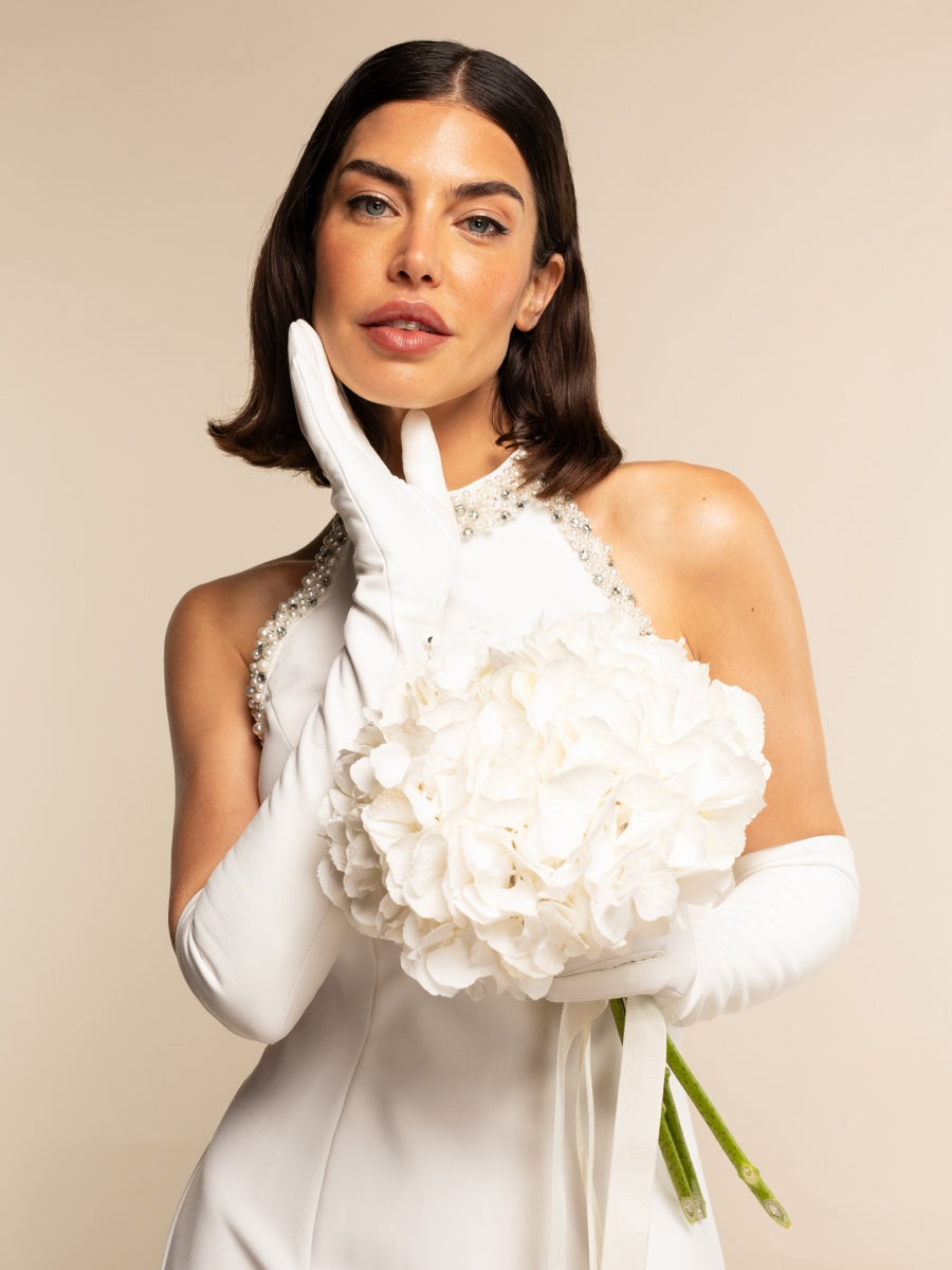 Angelina (white) - Italian silk lined 12-button length leather bridal / opera gloves - Glamourous Grace