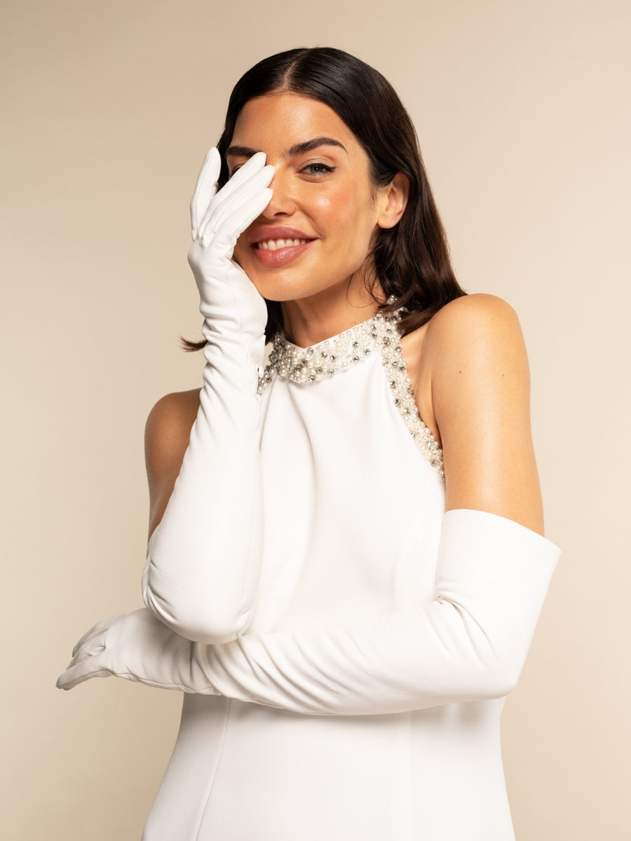 Angelina (white) - Italian silk lined 16-button length leather bridal / opera gloves - Glamourous Grace