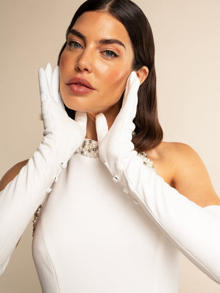 Angelina (white) - Italian silk lined 16-button length leather bridal / opera gloves - Glamourous Grace