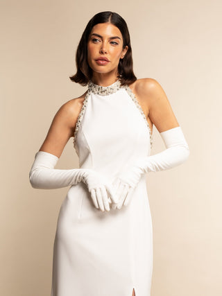 Angelina (white) - Italian silk lined 16-button length leather bridal / opera gloves - Glamourous Grace