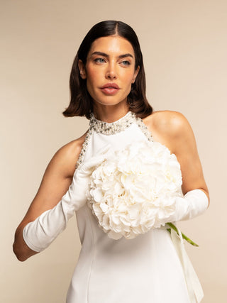 Angelina (white) - Italian silk lined 8-button length leather bridal / opera gloves - Glamourous Grace