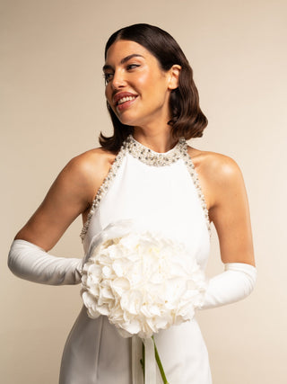 Angelina (white) - Italian silk lined 12-button length leather bridal / opera gloves - Glamourous Grace