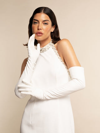 Angelina (white) - Italian silk lined 16-button length leather bridal / opera gloves - Glamourous Grace