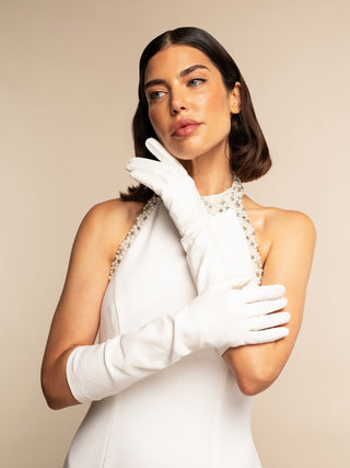 Angelina (white) - Italian silk lined 8-button length leather bridal / opera gloves - Glamourous Grace