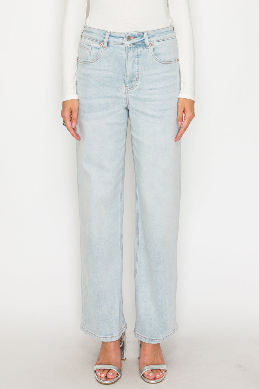 TUMMY CONTROL HIGH RISE MODAL FABRIC PINK THREAD STRAIGHT JEANS - Glamourous Grace