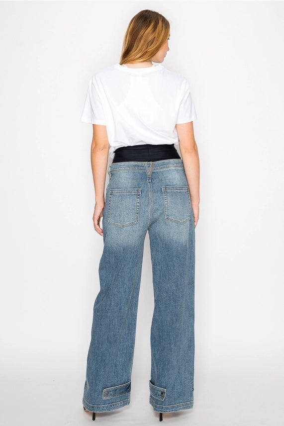 Adjustable Hem Knit Band Wide Leg Jeans - Glamourous Grace
