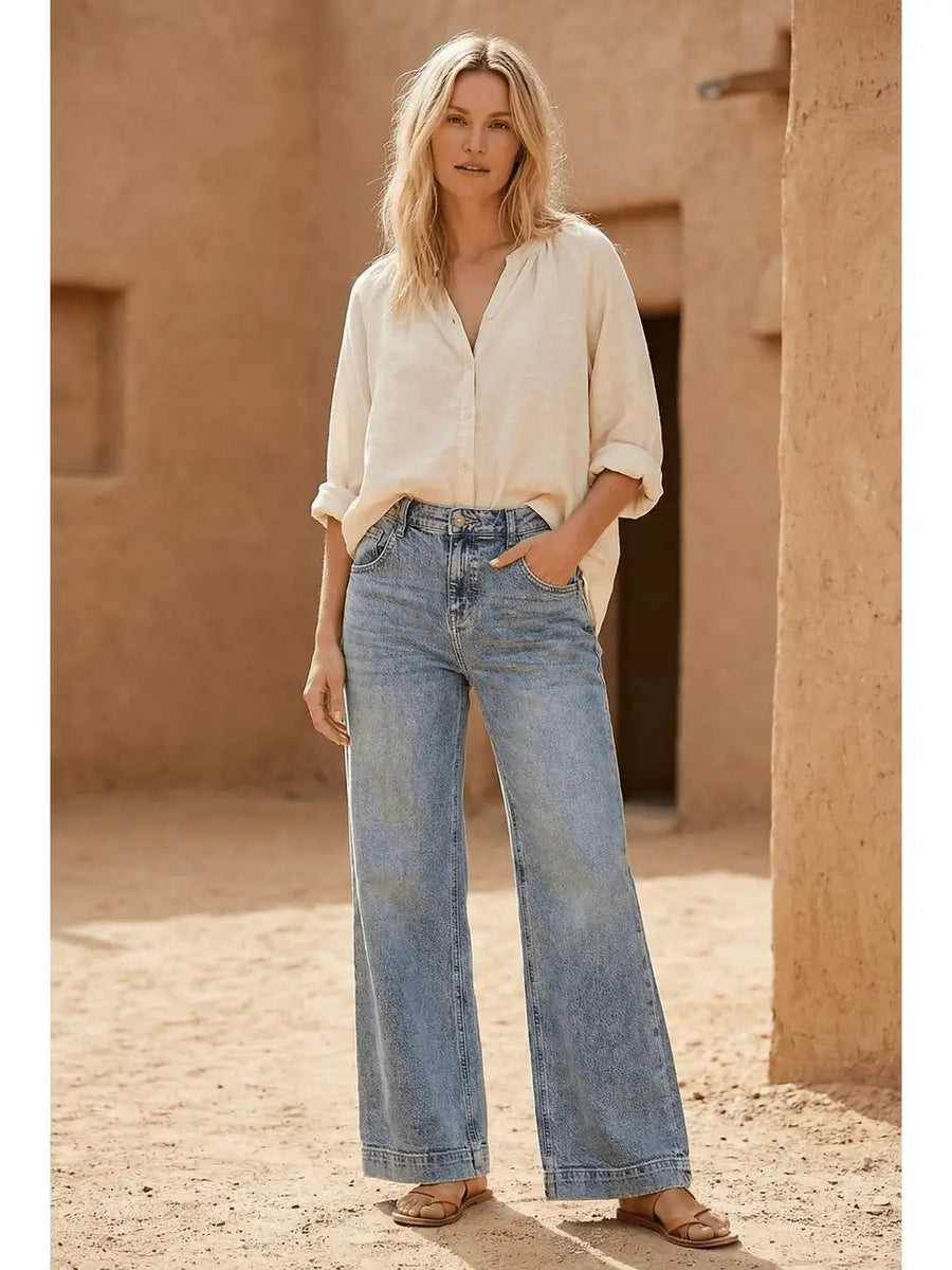 Adjustable Waistband High Rise Baggy Wide Jeans - Glamourous Grace