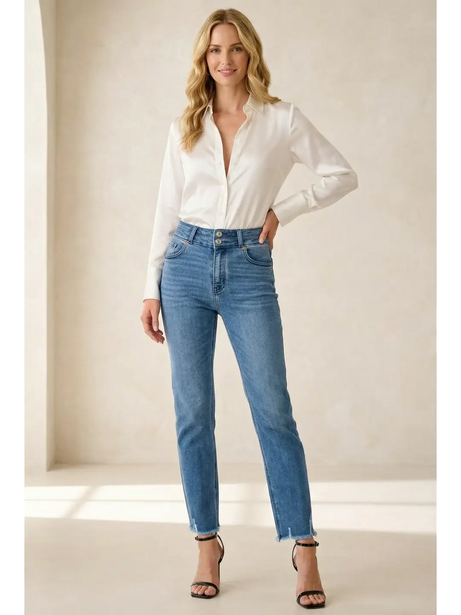 Altitude Heights Corset Double Waistband Straight Frayed Hem Jeans - Glamourous Grace