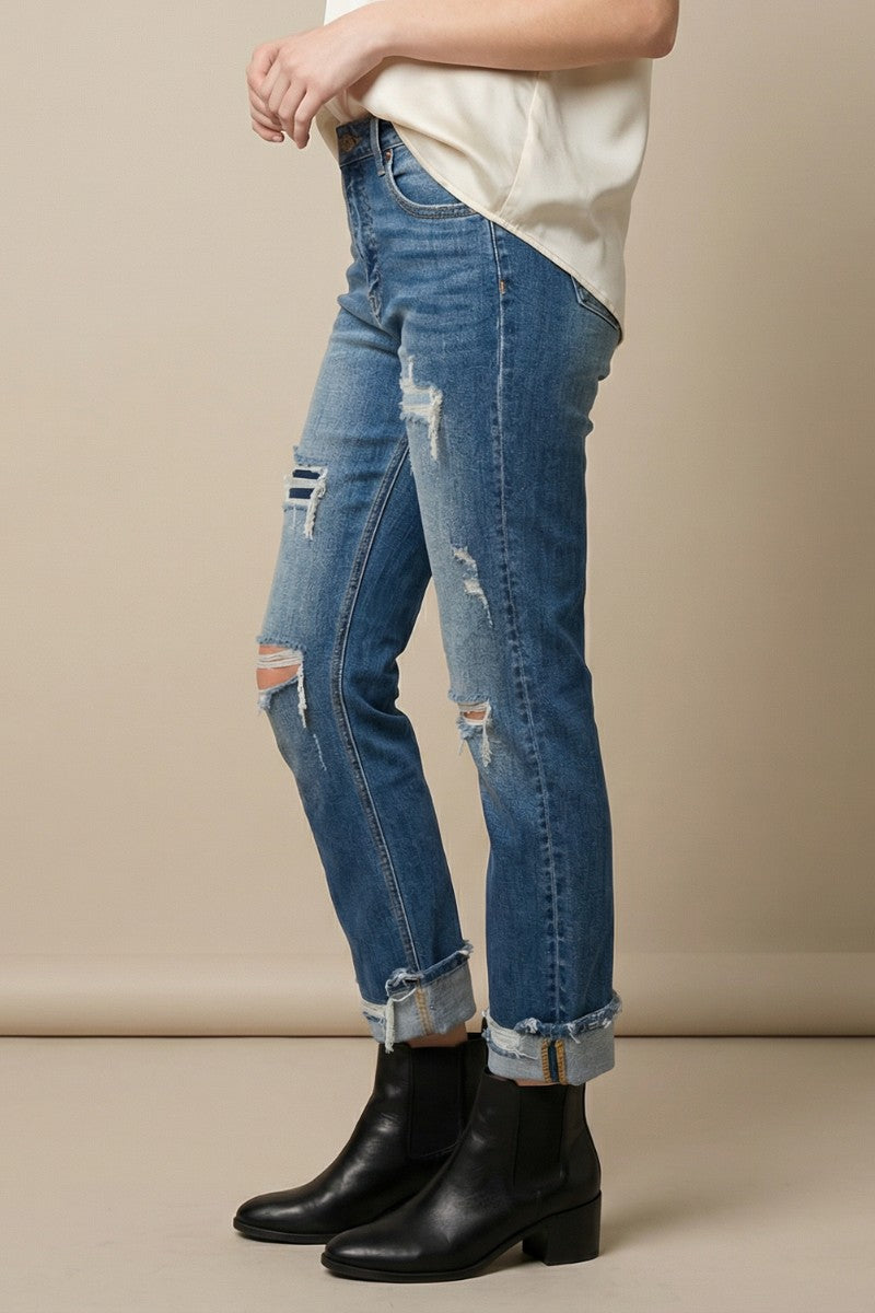 Mesh Tummy Control High Rise Straight w/ Single Cuff Jeans - Glamourous Grace