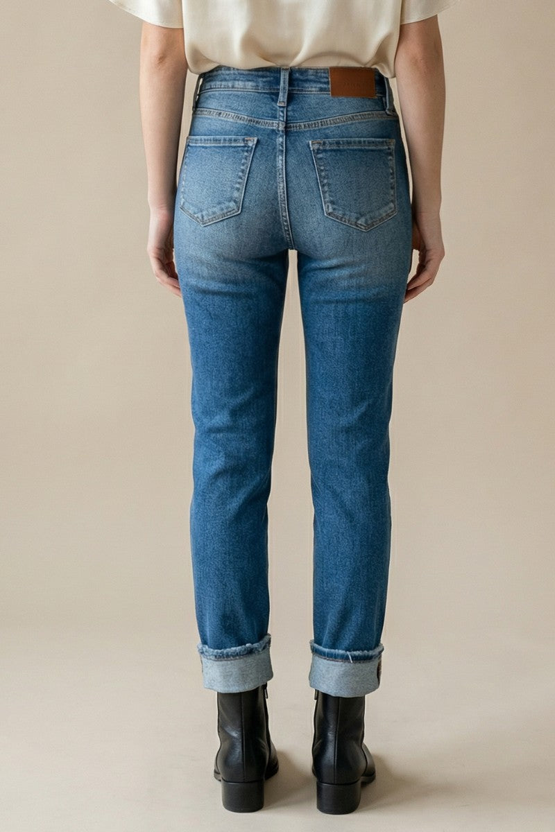 Mesh Tummy Control High Rise Straight w/ Single Cuff Jeans - Glamourous Grace