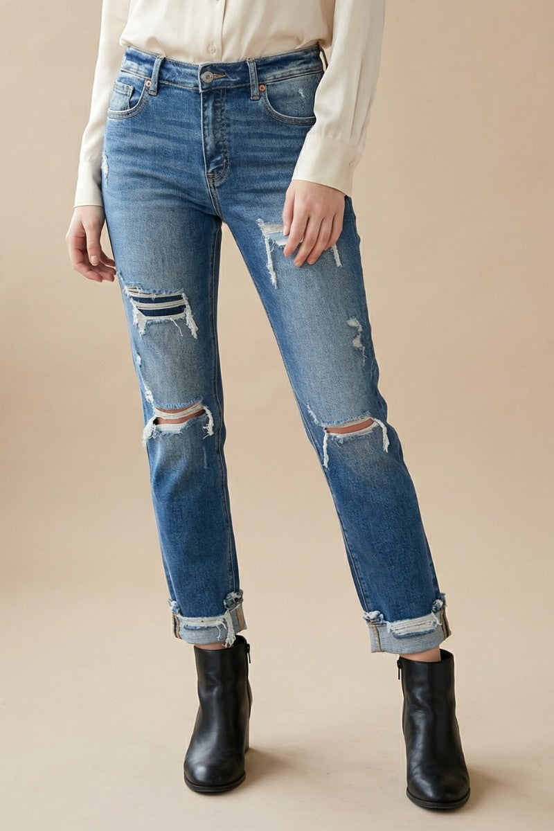 Mesh Tummy Control High Rise Straight w/ Single Cuff Jeans - Glamourous Grace