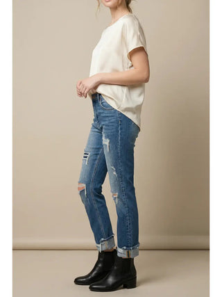 Mesh Tummy Control High Rise Straight w/ Single Cuff Jeans