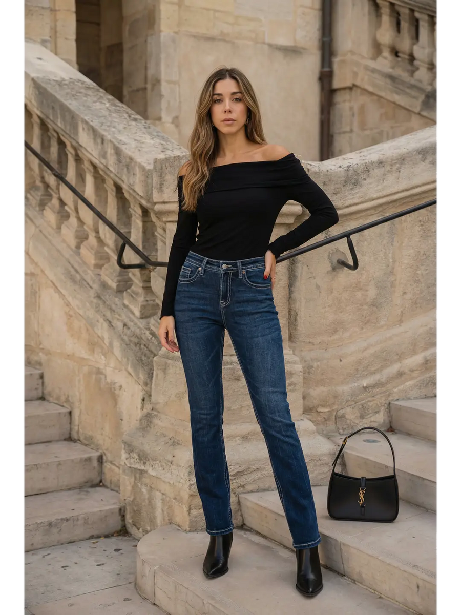 Stevie Tummy Control High Rise Slim Flare Jeans (Dark Wash) - Glamourous Grace