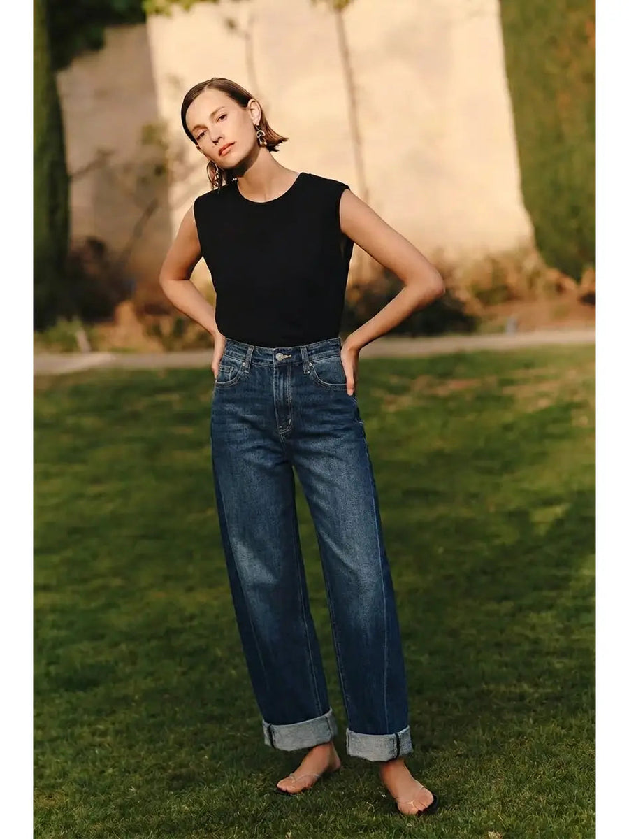 Relaxed Tapered Dark Wash Barrel Jeans - Glamourous Grace