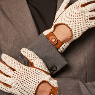 Arturo (cognac) - Hand-sewn Italian crochet driving gloves from lambskin leather - Glamourous Grace