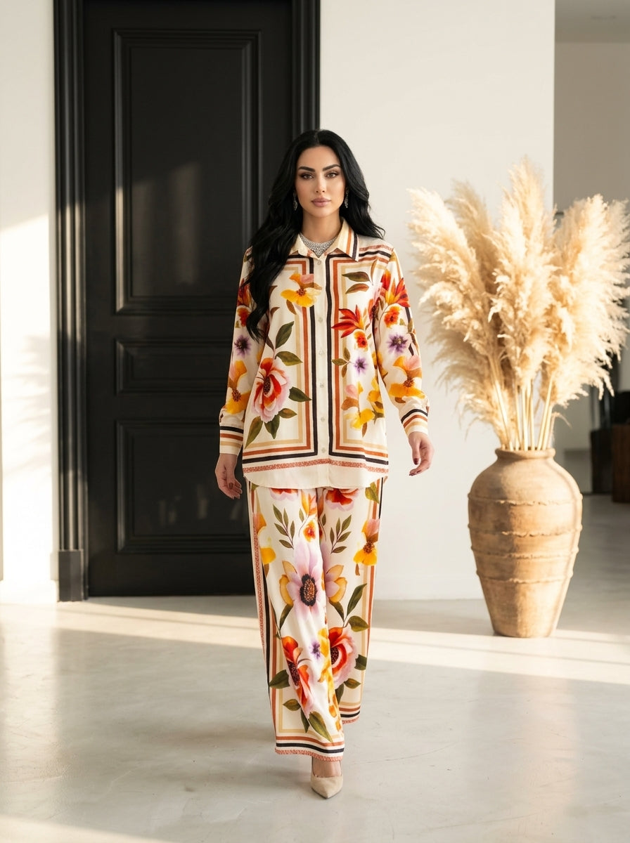 Azure Chain Print Shirt & Wide-Leg Pant Set
