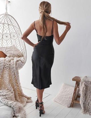 Aspen Midi Dress - Black Satin Slip Dress - Glamourous Grace