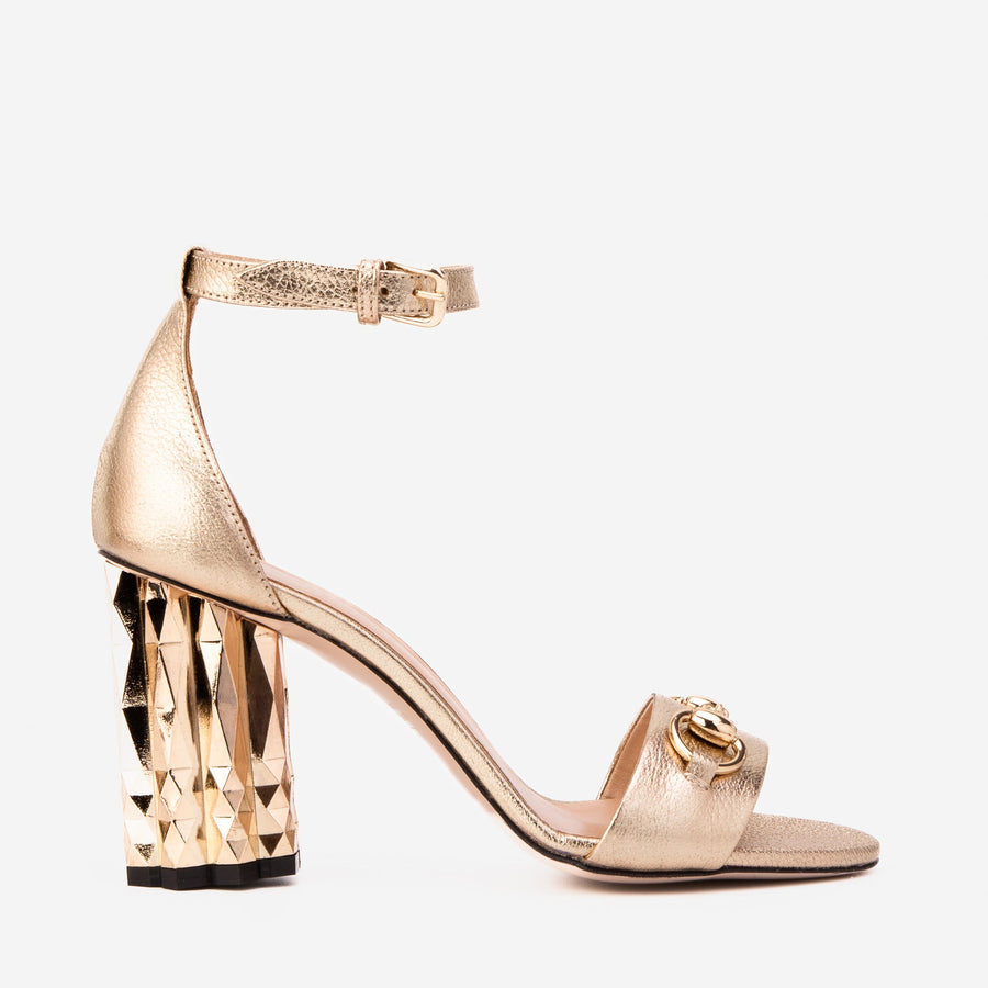 The Avlonya Block Heel Gold Leather Ankle Strap Women Sandal - Glamourous Grace