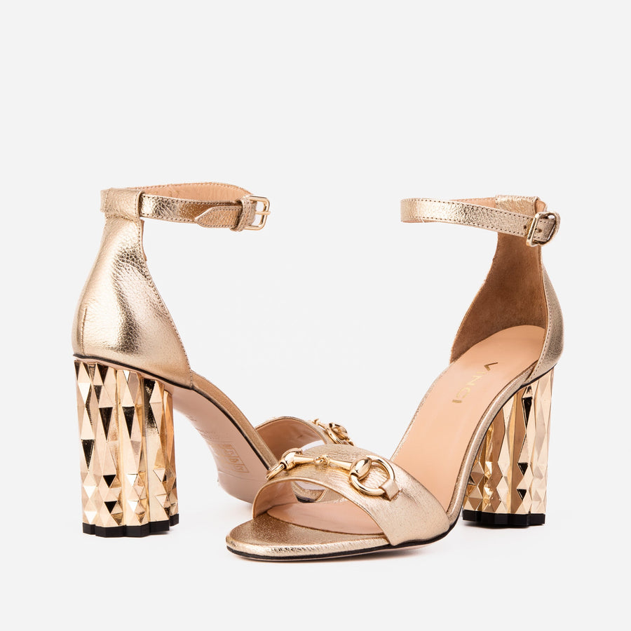 The Avlonya Block Heel Gold Leather Ankle Strap Women Sandal - Glamourous Grace