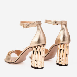 The Avlonya Block Heel Gold Leather Ankle Strap Women Sandal - Glamourous Grace
