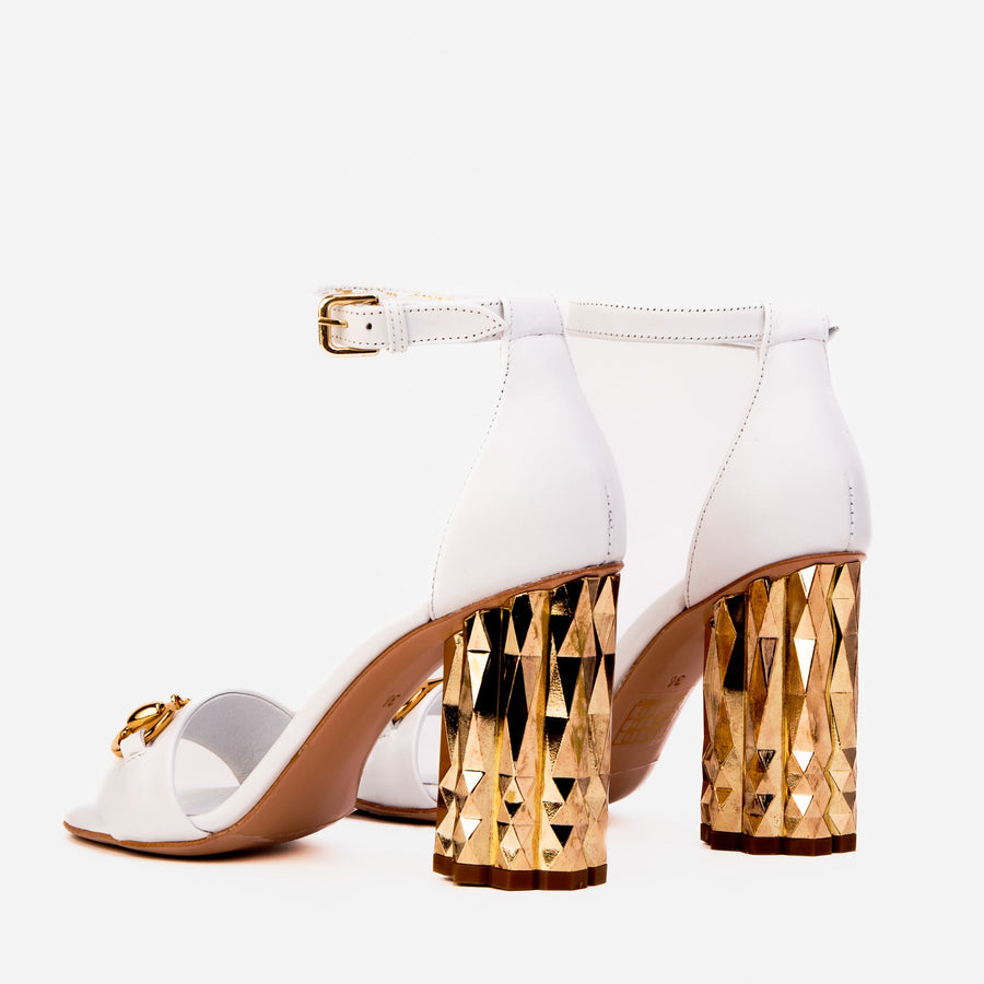 The Avlonya Block Heel White Leather Women Sandal - Glamourous Grace