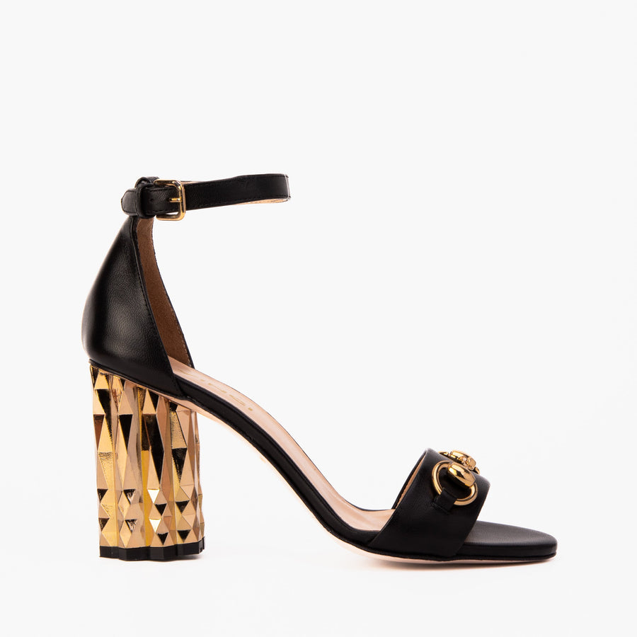 The Avlonya Block Heel Black Leather Ankle Strap Women Sandal - Glamourous Grace