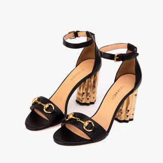 The Avlonya Block Heel Black Leather Ankle Strap Women Sandal - Glamourous Grace