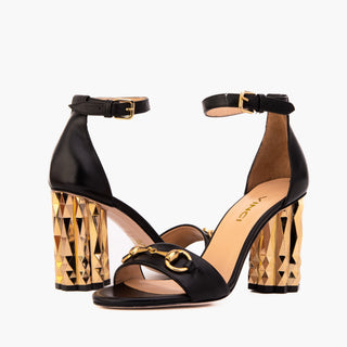 The Avlonya Block Heel Black Leather Ankle Strap Women Sandal - Glamourous Grace