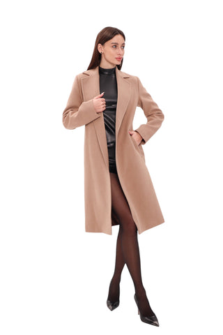 Geneva Classic Wraparound Wool Blend Overcoat in Camel