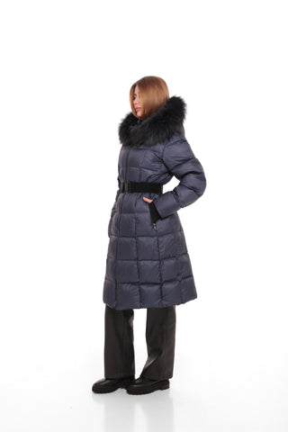 Cyrus Genuine Fur Trim Down Fill Coat in Navy