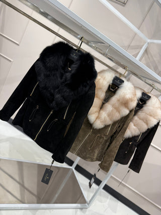 Vivienne Genuine Suede Polar Fox Trim Coat in Black