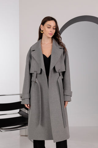 Karina Belted Wool Cashmere Blend Overcoat in Grey