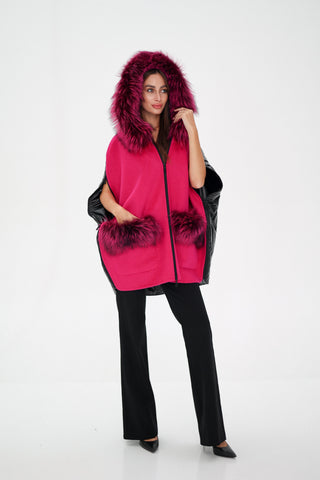 Saga®Furs Silver Fox Wool Alpaca Poncho Vest in Fuchsia