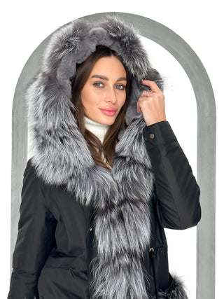 Roma Genuine Silver Fox Fur Rabbit Fur Insulated Parka in Black