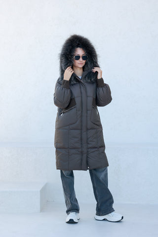 Lauren Genuine Fur Trim Down Fill Coat in Tobacco
