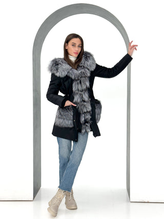 Roma Genuine Silver Fox Fur Rabbit Fur Insulated Parka in Black