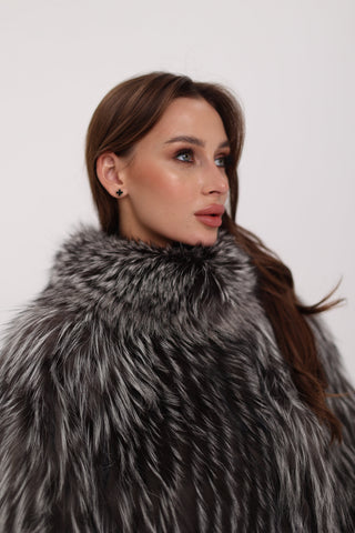 Reversible Genuine Silver Fox  Down Fill Coat in Grey